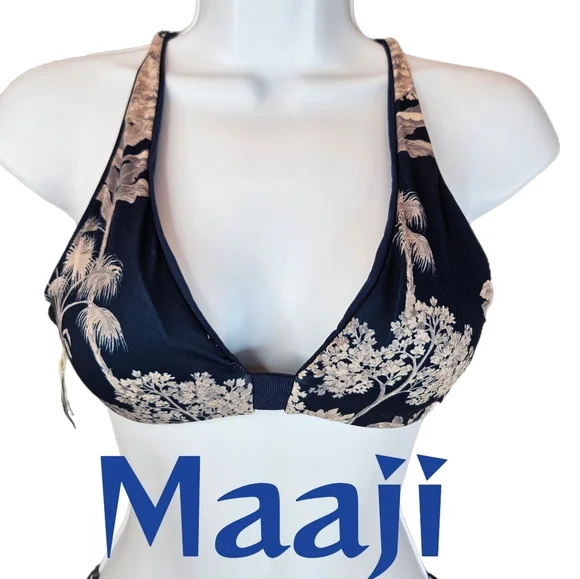Maaji Womens Swim Suit Bikini Top Sz S Reversible Blue One Side Trees Beachy - Picture 1 of 11